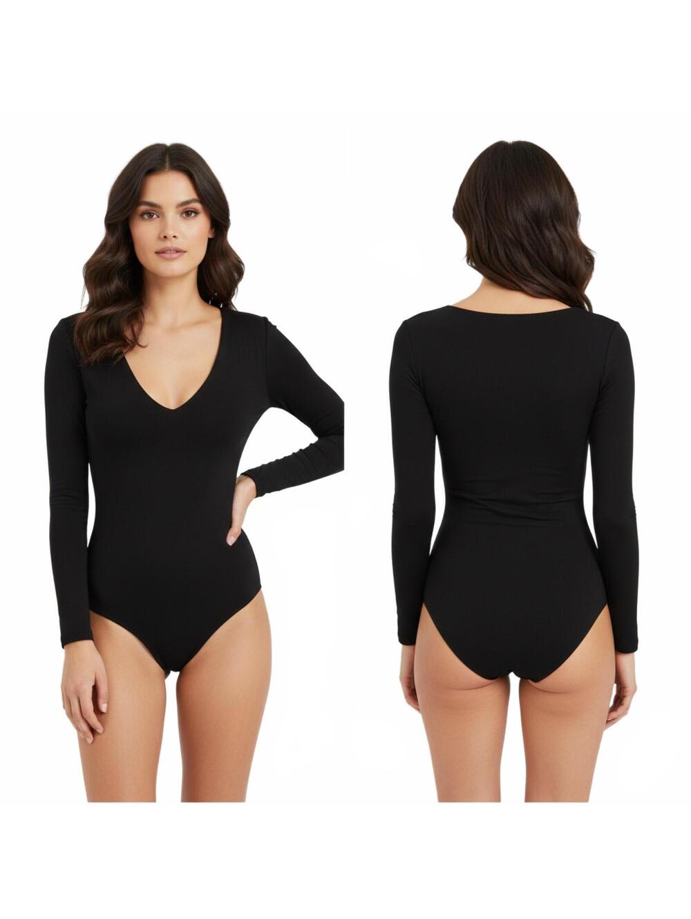 Leith Black Long-Sleeve V-Neck  One-Piece Bodysuit